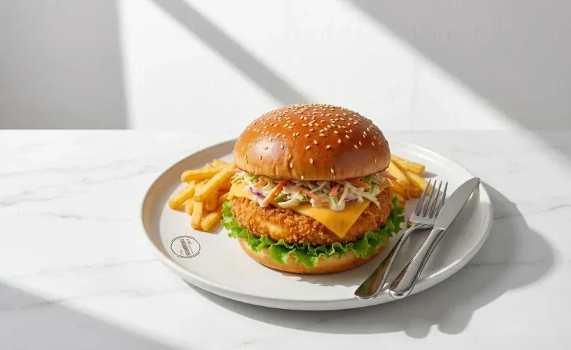 Crispy burger with fries