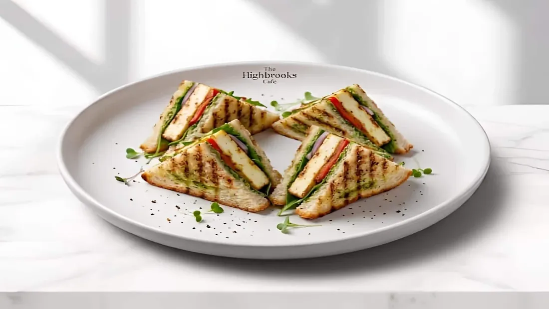 Grilled paneer sandwiches on a Highbrooks plate