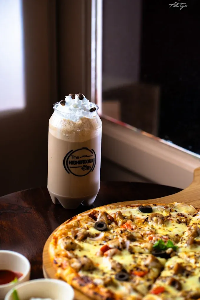Highbrooks cold coffee shake with pizza